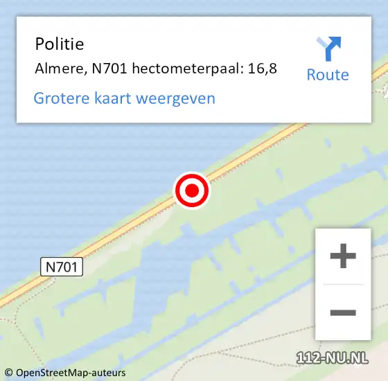 Locatie op kaart van de 112 melding: Politie Almere, N701 hectometerpaal: 16,8 op 19 januari 2024 05:39