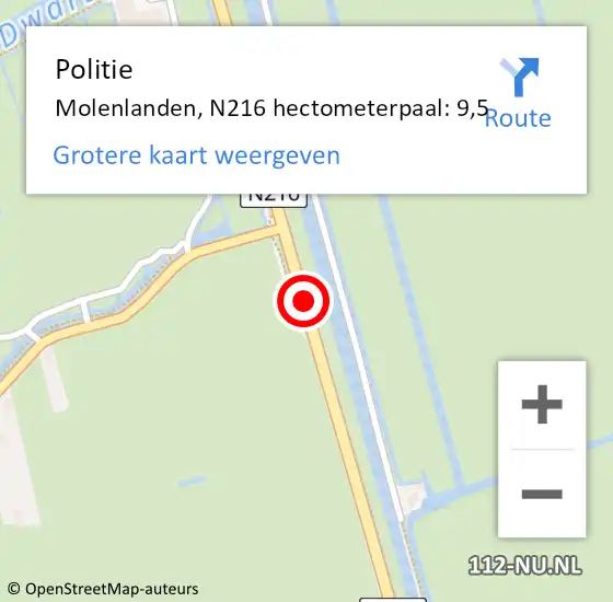 Locatie op kaart van de 112 melding: Politie Molenlanden, N216 hectometerpaal: 9,5 op 19 januari 2024 06:18
