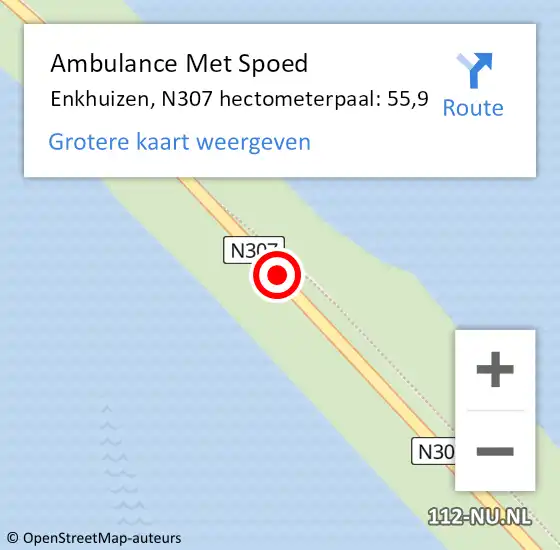 Locatie op kaart van de 112 melding: Ambulance Met Spoed Naar Enkhuizen, N307 hectometerpaal: 55,9 op 19 januari 2024 06:57