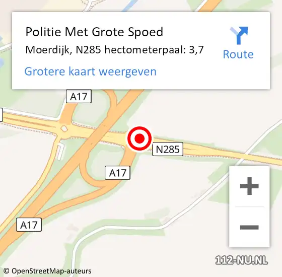 Locatie op kaart van de 112 melding: Politie Met Grote Spoed Naar Moerdijk, N285 hectometerpaal: 3,7 op 19 januari 2024 08:39