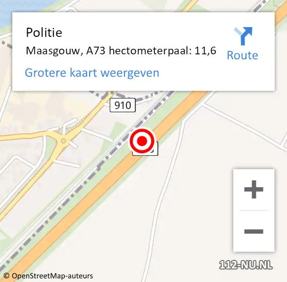 Locatie op kaart van de 112 melding: Politie Maasgouw, A73 hectometerpaal: 11,6 op 19 januari 2024 12:48