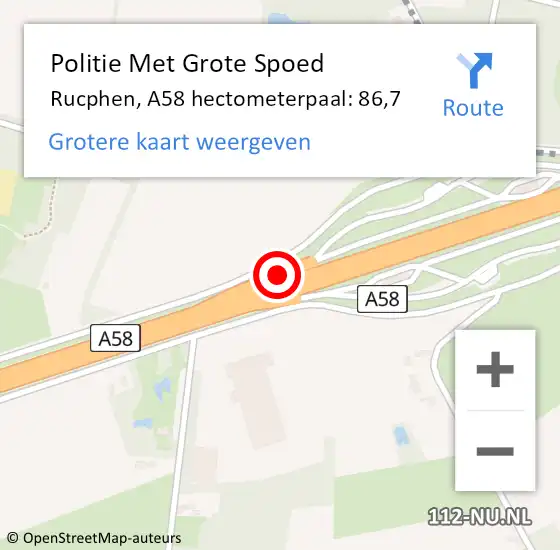 Locatie op kaart van de 112 melding: Politie Met Grote Spoed Naar Rucphen, A58 hectometerpaal: 86,7 op 19 januari 2024 20:52