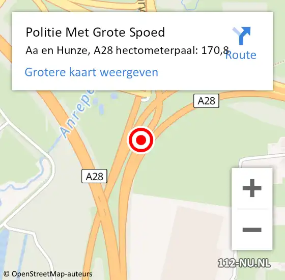 Locatie op kaart van de 112 melding: Politie Met Grote Spoed Naar Aa en Hunze, A28 hectometerpaal: 170,8 op 19 januari 2024 23:14