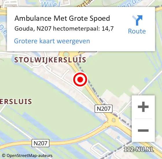 Locatie op kaart van de 112 melding: Ambulance Met Grote Spoed Naar Gouda, N207 hectometerpaal: 14,7 op 20 januari 2024 03:20