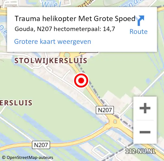 Locatie op kaart van de 112 melding: Trauma helikopter Met Grote Spoed Naar Gouda, N207 hectometerpaal: 14,7 op 20 januari 2024 03:21