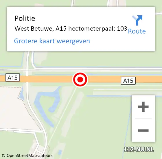 Locatie op kaart van de 112 melding: Politie West Betuwe, A15 hectometerpaal: 103 op 20 januari 2024 05:56