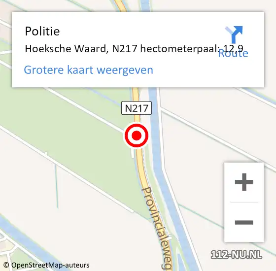 Locatie op kaart van de 112 melding: Politie Hoeksche Waard, N217 hectometerpaal: 12,9 op 20 januari 2024 09:24