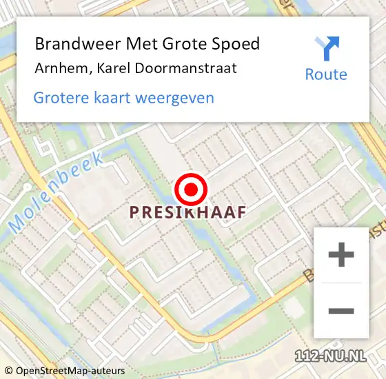 Locatie op kaart van de 112 melding: Brandweer Met Grote Spoed Naar Arnhem, Karel Doormanstraat op 20 januari 2024 12:03