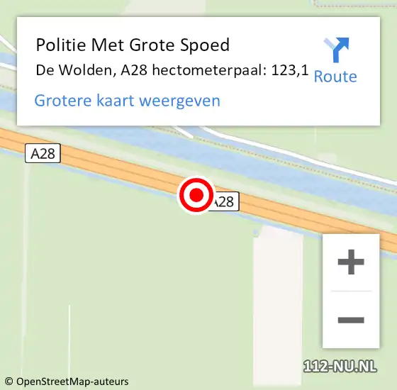 Locatie op kaart van de 112 melding: Politie Met Grote Spoed Naar De Wolden, A28 hectometerpaal: 123,1 op 20 januari 2024 16:13