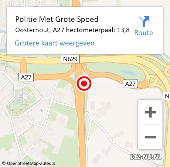 Locatie op kaart van de 112 melding: Politie Met Grote Spoed Naar Oosterhout, A27 hectometerpaal: 13,8 op 20 januari 2024 18:25