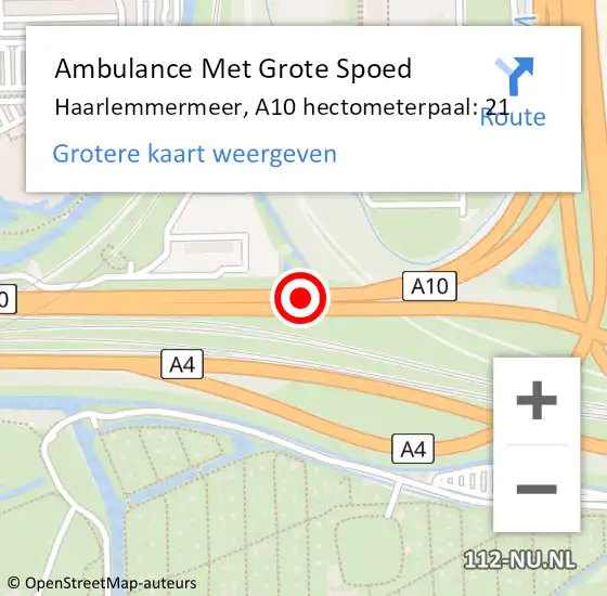 Locatie op kaart van de 112 melding: Ambulance Met Grote Spoed Naar Haarlemmermeer, A10 hectometerpaal: 21 op 21 januari 2024 07:01