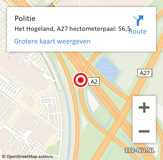 Locatie op kaart van de 112 melding: Politie Het Hogeland, A27 hectometerpaal: 56,5 op 21 januari 2024 16:13