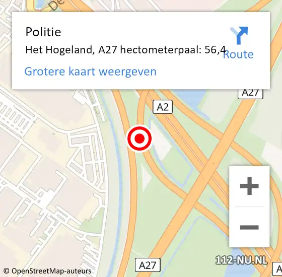 Locatie op kaart van de 112 melding: Politie Het Hogeland, A27 hectometerpaal: 56,4 op 21 januari 2024 16:14