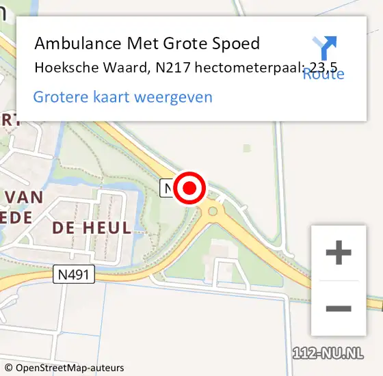 Locatie op kaart van de 112 melding: Ambulance Met Grote Spoed Naar Hoeksche Waard, N217 hectometerpaal: 23,5 op 21 januari 2024 20:28