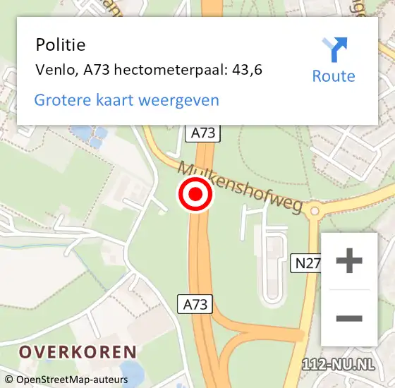 Locatie op kaart van de 112 melding: Politie Venlo, A73 hectometerpaal: 43,6 op 22 januari 2024 07:47