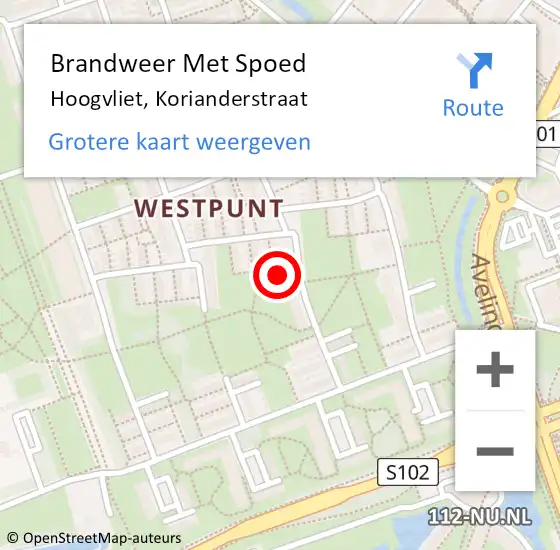 Locatie op kaart van de 112 melding: Brandweer Met Spoed Naar Hoogvliet, Korianderstraat op 22 januari 2024 12:31