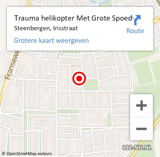 Locatie op kaart van de 112 melding: Trauma helikopter Met Grote Spoed Naar Steenbergen, Irisstraat op 22 januari 2024 14:14