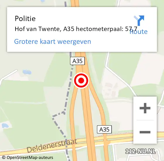 Locatie op kaart van de 112 melding: Politie Hof van Twente, A35 hectometerpaal: 57,7 op 22 januari 2024 14:58