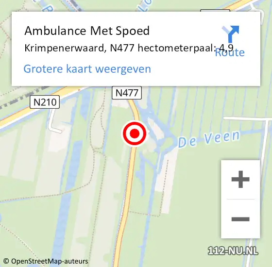 Locatie op kaart van de 112 melding: Ambulance Met Spoed Naar Krimpenerwaard, N477 hectometerpaal: 4,9 op 22 januari 2024 15:56