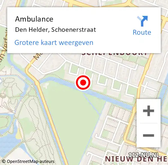 Locatie op kaart van de 112 melding: Ambulance Den Helder, Schoenerstraat op 22 januari 2024 16:33