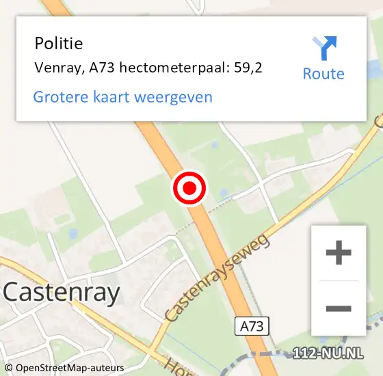 Locatie op kaart van de 112 melding: Politie Venray, A73 hectometerpaal: 59,2 op 22 januari 2024 16:39