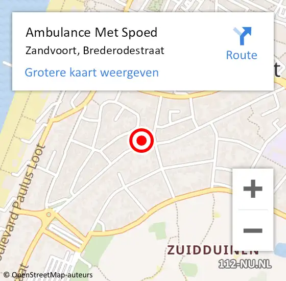 Locatie op kaart van de 112 melding: Ambulance Met Spoed Naar Zandvoort, Brederodestraat op 22 januari 2024 16:57