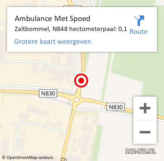 Locatie op kaart van de 112 melding: Ambulance Met Spoed Naar Zaltbommel, N848 hectometerpaal: 0,1 op 22 januari 2024 19:06