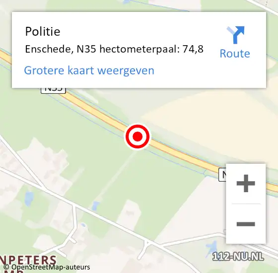 Locatie op kaart van de 112 melding: Politie Enschede, N35 hectometerpaal: 74,8 op 22 januari 2024 20:36