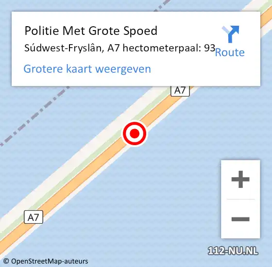 Locatie op kaart van de 112 melding: Politie Met Grote Spoed Naar Súdwest-Fryslân, A7 hectometerpaal: 93 op 23 januari 2024 05:50