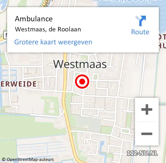 Locatie op kaart van de 112 melding: Ambulance Westmaas, de Roolaan op 23 januari 2024 14:38