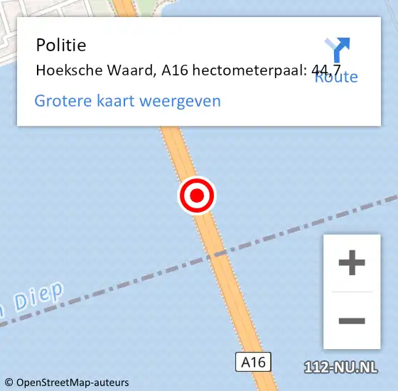 Locatie op kaart van de 112 melding: Politie Hoeksche Waard, A16 hectometerpaal: 44,7 op 24 januari 2024 10:57