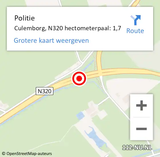 Locatie op kaart van de 112 melding: Politie Culemborg, N320 hectometerpaal: 1,7 op 24 januari 2024 12:52