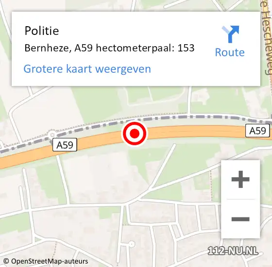 Locatie op kaart van de 112 melding: Politie Bernheze, A59 hectometerpaal: 153 op 25 januari 2024 00:38