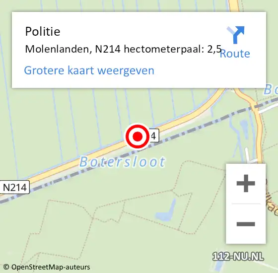 Locatie op kaart van de 112 melding: Politie Molenlanden, N214 hectometerpaal: 2,5 op 25 januari 2024 14:58