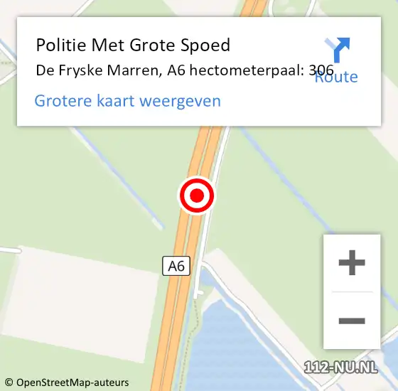 Locatie op kaart van de 112 melding: Politie Met Grote Spoed Naar De Fryske Marren, A6 hectometerpaal: 306 op 25 januari 2024 17:45