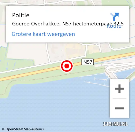 Locatie op kaart van de 112 melding: Politie Goeree-Overflakkee, N57 hectometerpaal: 32,5 op 25 januari 2024 18:10