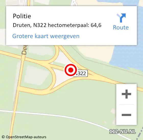 Locatie op kaart van de 112 melding: Politie Druten, N322 hectometerpaal: 64,6 op 25 januari 2024 23:19