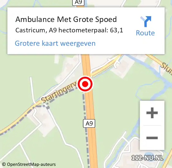 Locatie op kaart van de 112 melding: Ambulance Met Grote Spoed Naar Castricum, A9 hectometerpaal: 63,1 op 26 januari 2024 03:42