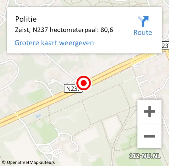 Locatie op kaart van de 112 melding: Politie Zeist, N237 hectometerpaal: 80,6 op 26 januari 2024 07:54