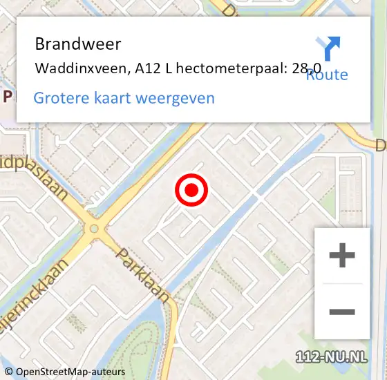 Locatie op kaart van de 112 melding: Brandweer Waddinxveen, A12 R hectometerpaal: 28,9 op 23 september 2014 15:19