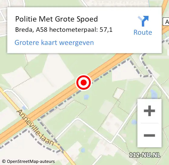 Locatie op kaart van de 112 melding: Politie Met Grote Spoed Naar Breda, A58 hectometerpaal: 57,1 op 26 januari 2024 16:46