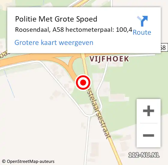 Locatie op kaart van de 112 melding: Politie Met Grote Spoed Naar Roosendaal, A58 hectometerpaal: 100,4 op 26 januari 2024 17:06