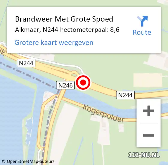 Locatie op kaart van de 112 melding: Brandweer Met Grote Spoed Naar Alkmaar, N244 hectometerpaal: 8,6 op 26 januari 2024 22:08