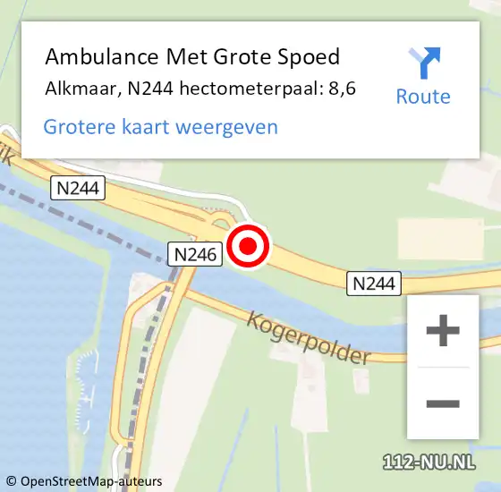 Locatie op kaart van de 112 melding: Ambulance Met Grote Spoed Naar Alkmaar, N244 hectometerpaal: 8,6 op 26 januari 2024 22:08