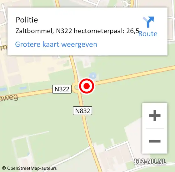 Locatie op kaart van de 112 melding: Politie Zaltbommel, N322 hectometerpaal: 26,5 op 27 januari 2024 13:34