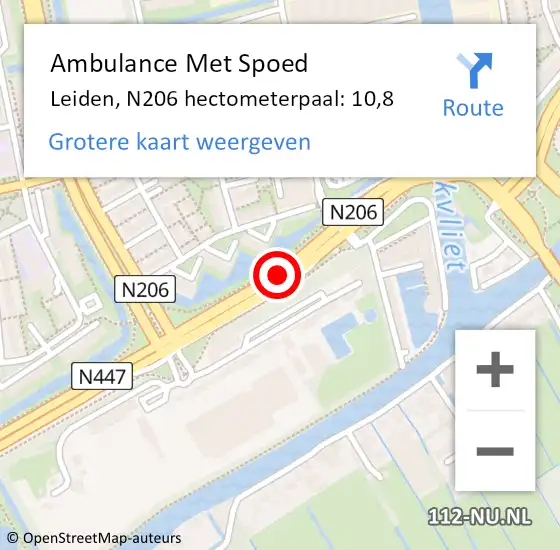 Locatie op kaart van de 112 melding: Ambulance Met Spoed Naar Leiden, N206 hectometerpaal: 10,8 op 27 januari 2024 15:53