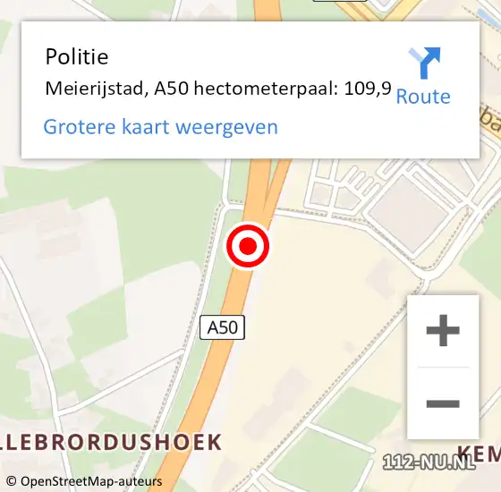 Locatie op kaart van de 112 melding: Politie Meierijstad, A50 hectometerpaal: 109,9 op 27 januari 2024 19:43