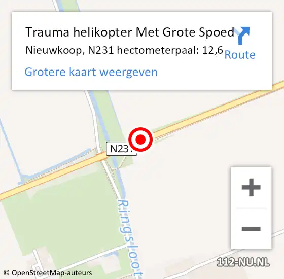 Locatie op kaart van de 112 melding: Trauma helikopter Met Grote Spoed Naar Nieuwkoop, N231 hectometerpaal: 12,6 op 28 januari 2024 18:30