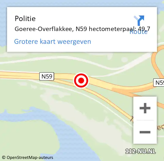 Locatie op kaart van de 112 melding: Politie Goeree-Overflakkee, N59 hectometerpaal: 49,7 op 28 januari 2024 20:22