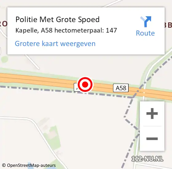 Locatie op kaart van de 112 melding: Politie Met Grote Spoed Naar Kapelle, A58 hectometerpaal: 147 op 28 januari 2024 21:01